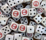 Pile of white 16mm D6 dice with red sigils for a sci-fi drone army