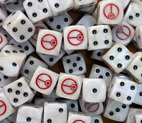 Pile of white 16mm D6 dice with red sigils for a sci-fi drone army