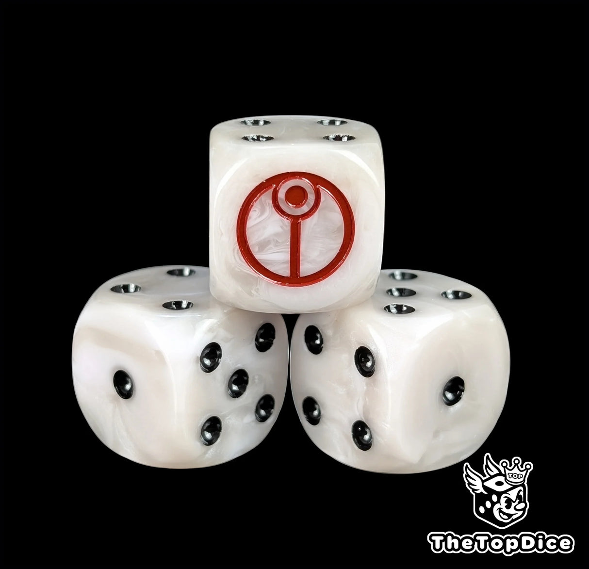 Close up of a white 16mm resin D6 die engraved with a red alien sigil and black pips