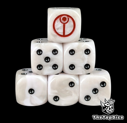 White 16mm D6 dice with a red alien sigil emblem and black pips for sci-fi wargaming