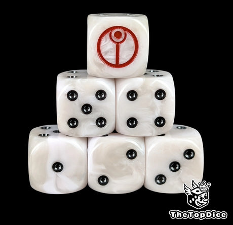 White 16mm D6 dice with a red alien sigil emblem and black pips for sci-fi wargaming