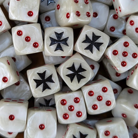 Pile of white and grey cross 16mm D6 dice for a sci-fi crusader army