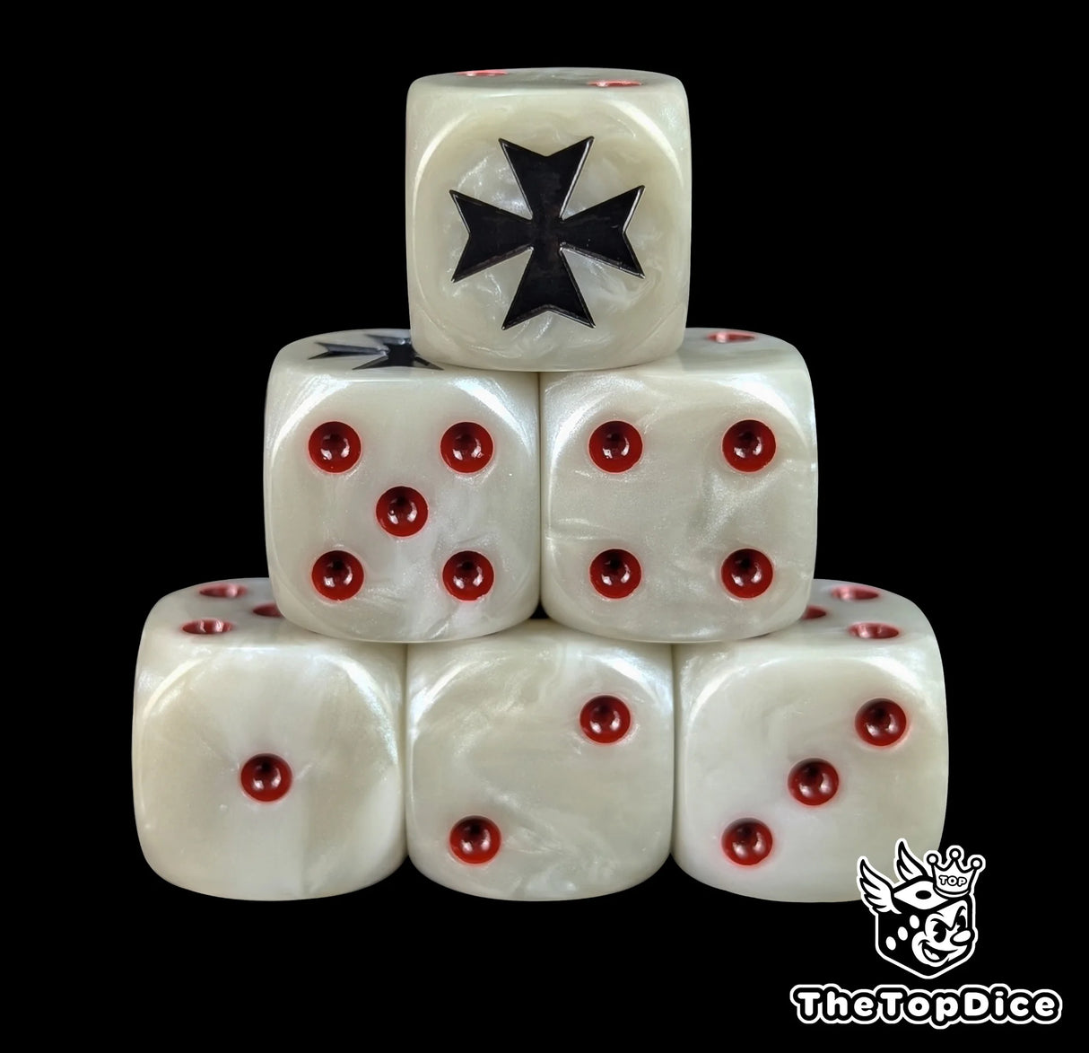 White and grey 16mm D6 dice with a black cross emblem and red pips for sci-fi wargaming