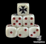 White and grey 16mm D6 dice with a black cross emblem and red pips for sci-fi wargaming