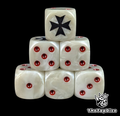 White and grey 16mm D6 dice with a black cross emblem and red pips for sci-fi wargaming