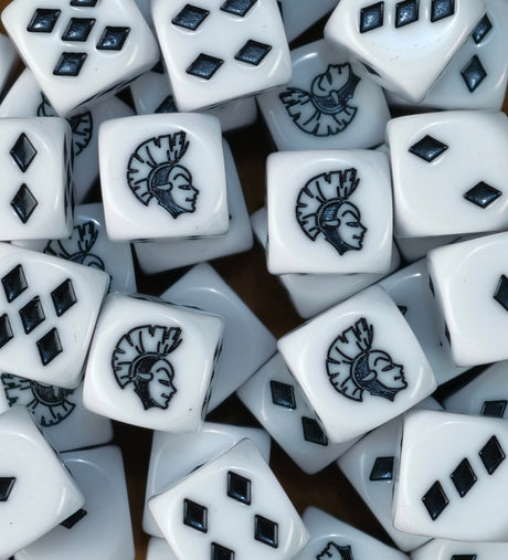 A pile of white Harlequin D6 with black diamond shaped pips