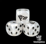 Close up of a white 16mm resin D6 die engraved with black pips as a TCG power counter