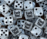 A pile of pearl white Fuck You meme D6 with black pips and print