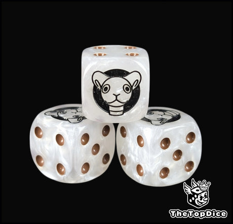 Close up of a white 16mm resin D6 die engraved with a black goat ship emblem and brown pips