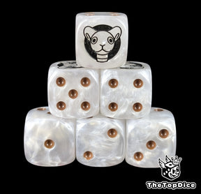 White 16mm D6 counter dice with a black goat ship emblem and brown pips for anime pirate TCG