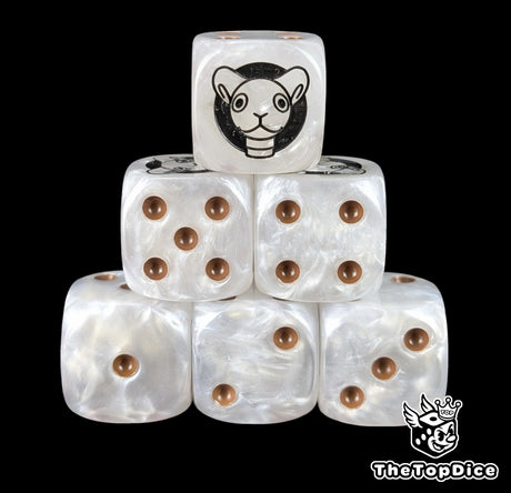White 16mm D6 counter dice with a black goat ship emblem and brown pips for anime pirate TCG