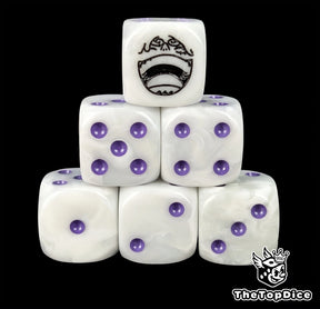White 16mm D6 counter dice with a black grinning fighter emblem and purple pips for anime pirate TCG