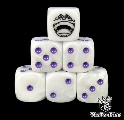 White 16mm D6 counter dice with a black grinning fighter emblem and purple pips for anime pirate TCG