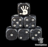 Black 16mm D6 dice with a white hand emblem and silver pips for epic fantasy wargames