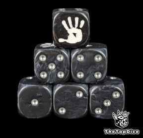 Black 16mm D6 dice with a white hand emblem and silver pips for epic fantasy wargames