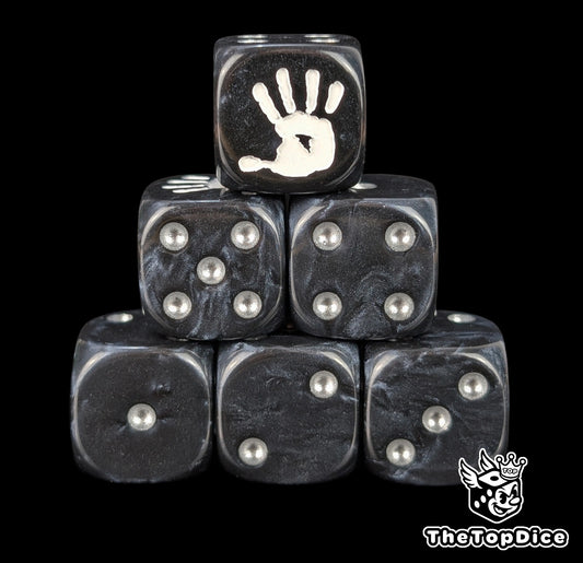 Black 16mm D6 dice with a white hand emblem and silver pips for epic fantasy wargames