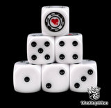 Six white Lamenters D6 stacked, black pips and a red heart poker chip