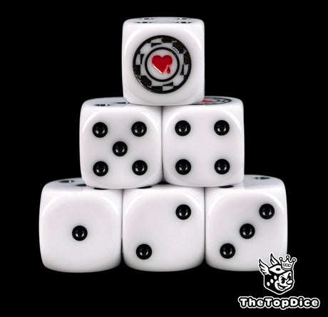 Six white Lamenters D6 stacked, black pips and a red heart poker chip