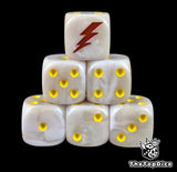 White 16mm D6 dice with a red lightning bolt emblem and yellow pips for sci-fi wargaming