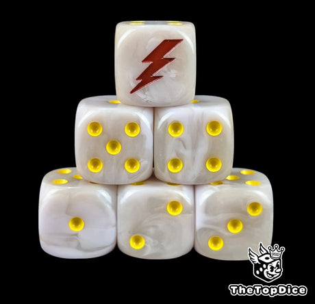 White 16mm D6 dice with a red lightning bolt emblem and yellow pips for sci-fi wargaming