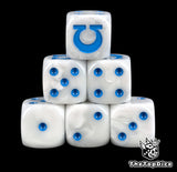 Six white Ultramarines D6 stacked, blue pips and a blue omega
