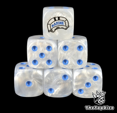 White 16mm D6 counter dice with a black navy cap emblem and navy blue pips for anime pirate TCG