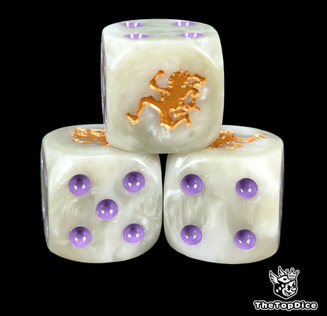 Close up of a greyish white 16mm resin D6 die engraved with a gold fighter and purple pips
