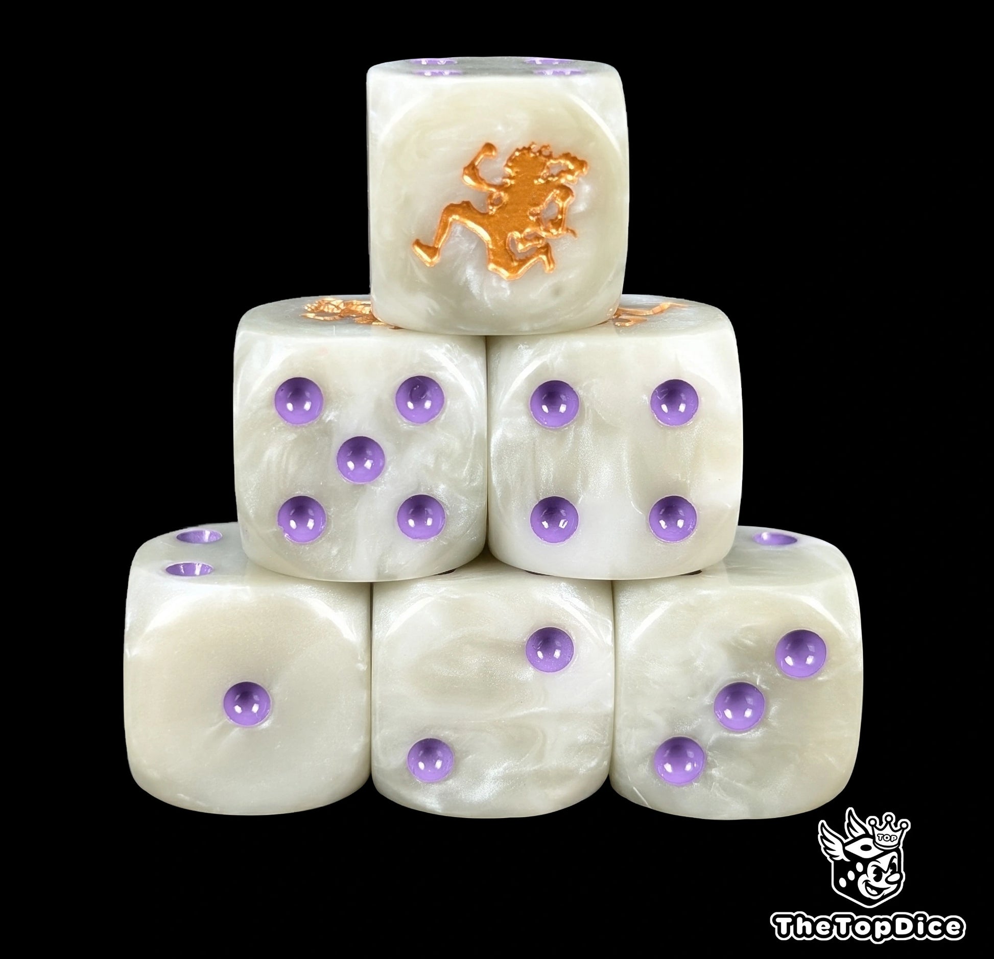 Greyish white 16mm D6 counter dice with a gold fighter emblem for anime pirate TCG