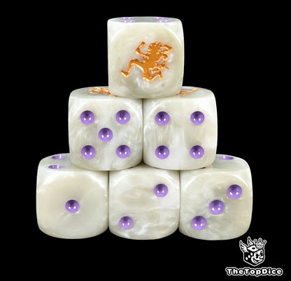 Greyish white 16mm D6 counter dice with a gold fighter emblem for anime pirate TCG