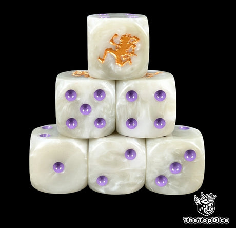 Greyish white 16mm D6 counter dice with a gold fighter emblem for anime pirate TCG