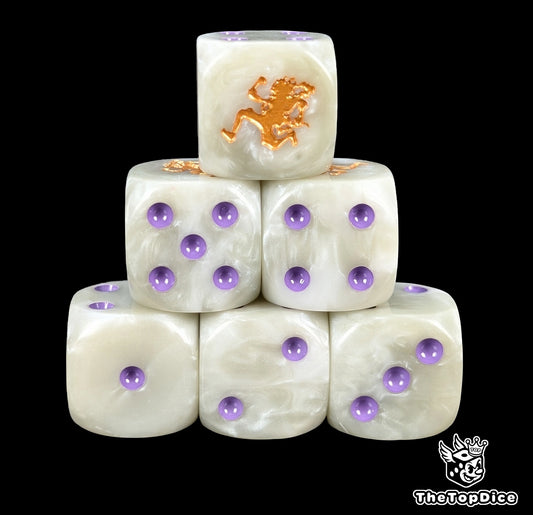 Greyish white 16mm D6 counter dice with a gold fighter emblem for anime pirate TCG