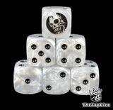 White 16mm D6 counter dice with a black skeleton emblem and black pips for anime pirate TCG