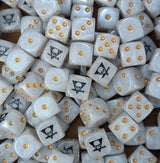 Pile of white skull squad 16mm D6 dice for a sci-fi skirmish team