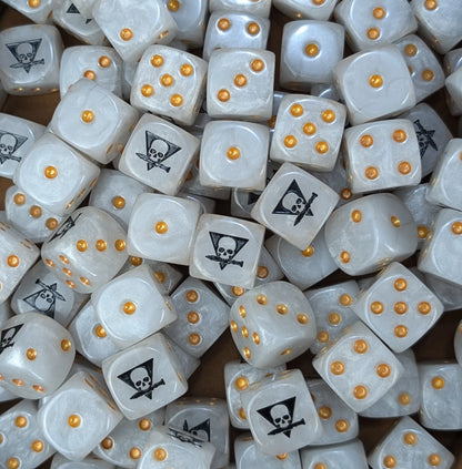 Pile of white skull squad 16mm D6 dice for a sci-fi skirmish team