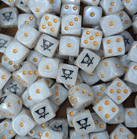 Pile of white skull squad 16mm D6 dice for a sci-fi skirmish team
