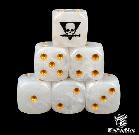 White 16mm D6 dice with a triangle skull biting a black knife emblem and gold pips for sci-fi wargaming
