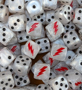 Pile of white storm bolt 16mm D6 dice for a sci-fi fast attack army