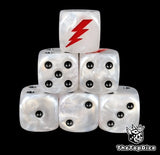 White 16mm D6 dice with a red lightning bolt emblem and black pips for sci-fi wargaming