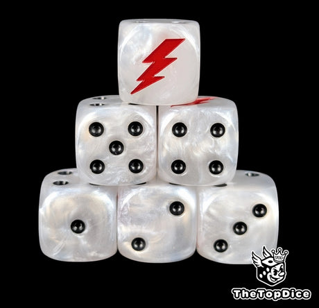 White 16mm D6 dice with a red lightning bolt emblem and black pips for sci-fi wargaming