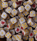 Pile of white 16mm D6 dice with red lightning for a sci-fi fast army