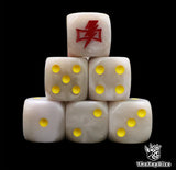 White 16mm D6 dice with a red lightning emblem and yellow pips for sci-fi wargaming