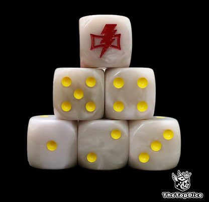 White 16mm D6 dice with a red lightning emblem and yellow pips for sci-fi wargaming