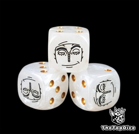 Close up of a white 16mm resin D6 die engraved with a black thunder god emblem and gold pips