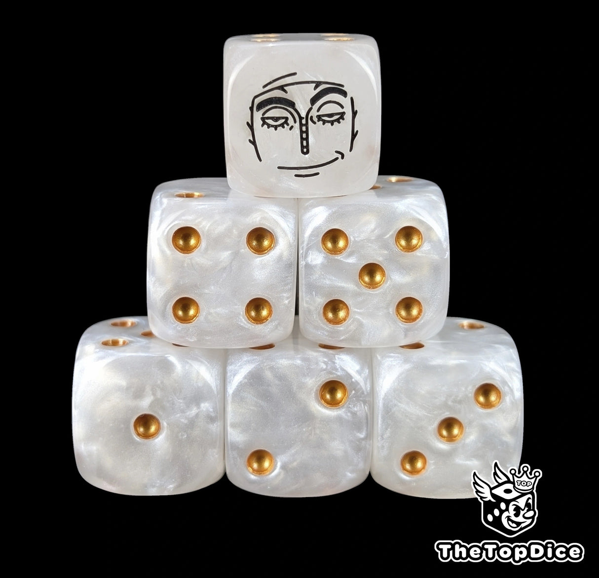 White 16mm D6 counter dice with a black thunder god emblem and gold pips for anime pirate TCG