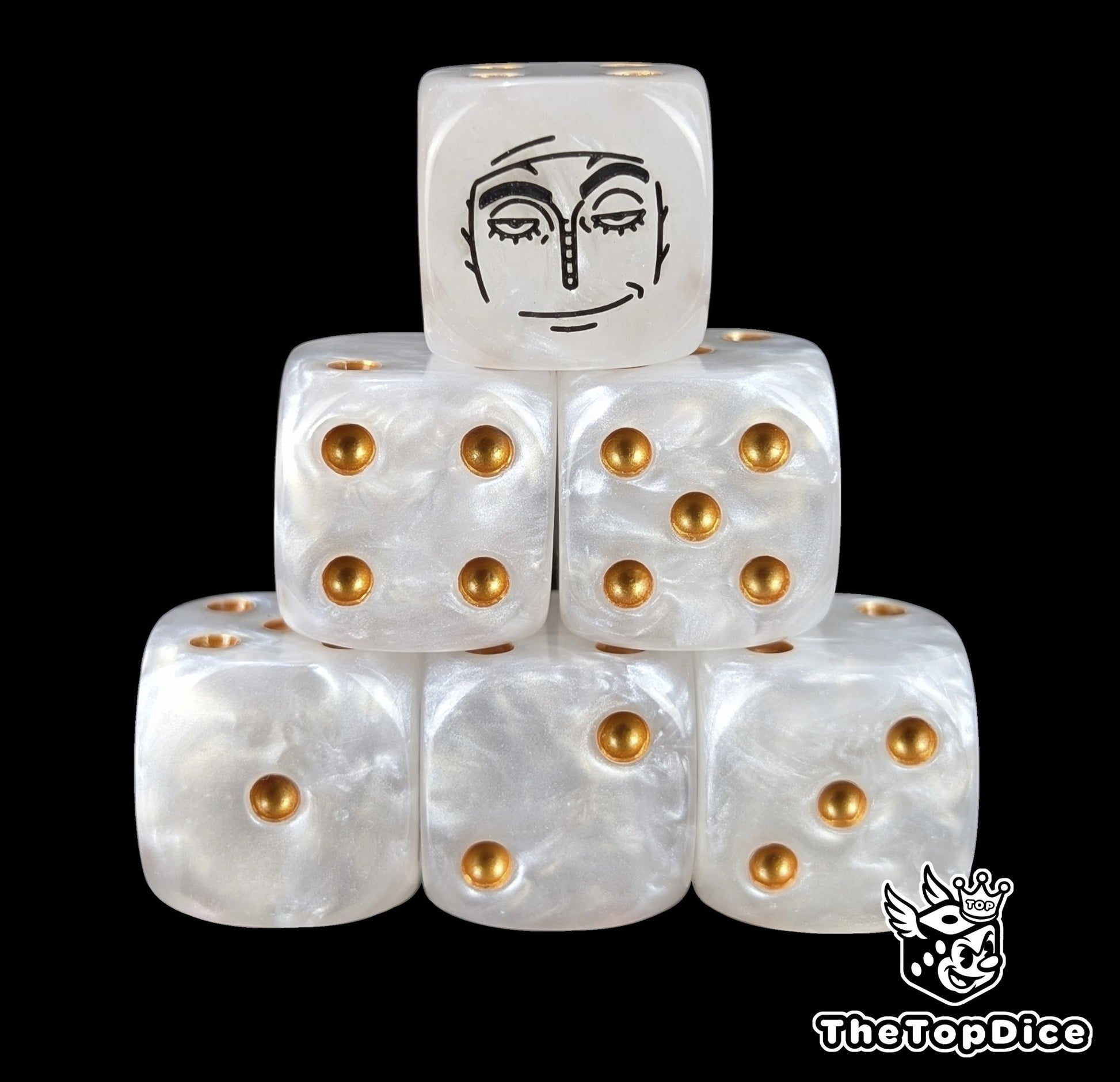 White 16mm D6 counter dice with a black thunder god emblem and gold pips for anime pirate TCG