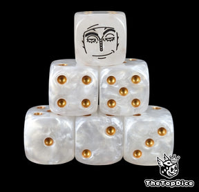 White 16mm D6 counter dice with a black thunder god emblem and gold pips for anime pirate TCG