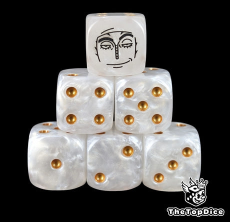 White 16mm D6 counter dice with a black thunder god emblem and gold pips for anime pirate TCG