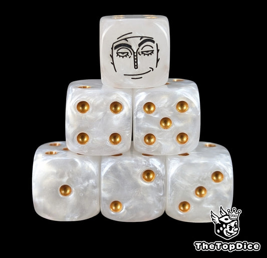 White 16mm D6 counter dice with a black thunder god emblem and gold pips for anime pirate TCG