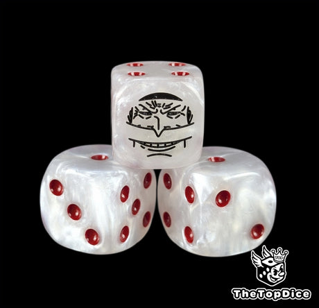 Close up of a white 16mm resin D6 die engraved with a black captain emblem and red pips