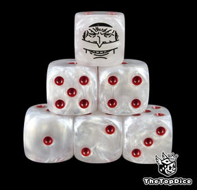 White 16mm D6 counter dice with a black pirate emblem and red pips for anime pirate TCG